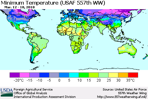 World Mean Minimum Temperature (USAF 557th WW) Thematic Map For 3/12/2018 - 3/18/2018