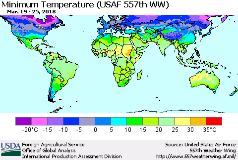 World Mean Minimum Temperature (USAF 557th WW) Thematic Map For 3/19/2018 - 3/25/2018