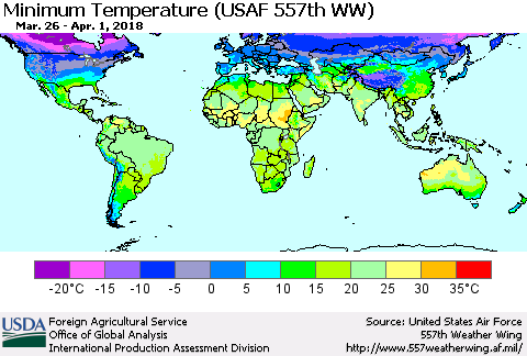World Mean Minimum Temperature (USAF 557th WW) Thematic Map For 3/26/2018 - 4/1/2018