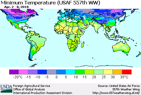 World Mean Minimum Temperature (USAF 557th WW) Thematic Map For 4/2/2018 - 4/8/2018