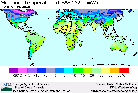 World Mean Minimum Temperature (USAF 557th WW) Thematic Map For 4/9/2018 - 4/15/2018
