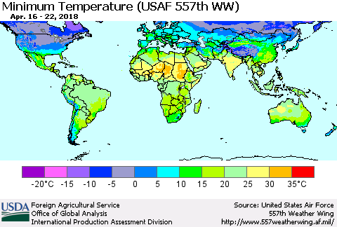 World Mean Minimum Temperature (USAF 557th WW) Thematic Map For 4/16/2018 - 4/22/2018