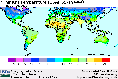 World Mean Minimum Temperature (USAF 557th WW) Thematic Map For 4/23/2018 - 4/29/2018