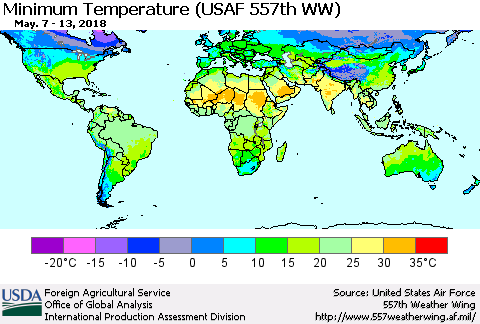 World Mean Minimum Temperature (USAF 557th WW) Thematic Map For 5/7/2018 - 5/13/2018