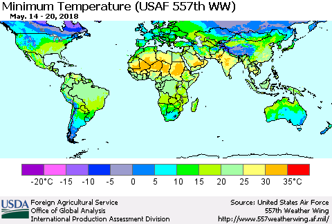 World Mean Minimum Temperature (USAF 557th WW) Thematic Map For 5/14/2018 - 5/20/2018