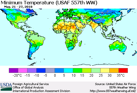 World Mean Minimum Temperature (USAF 557th WW) Thematic Map For 5/21/2018 - 5/27/2018