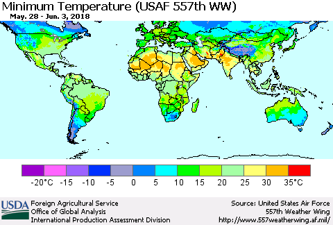 World Mean Minimum Temperature (USAF 557th WW) Thematic Map For 5/28/2018 - 6/3/2018