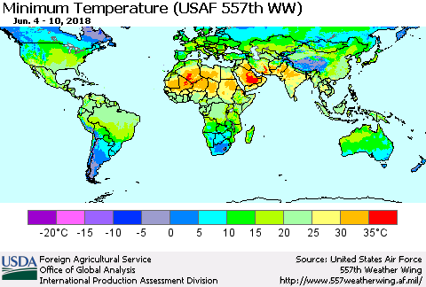 World Mean Minimum Temperature (USAF 557th WW) Thematic Map For 6/4/2018 - 6/10/2018