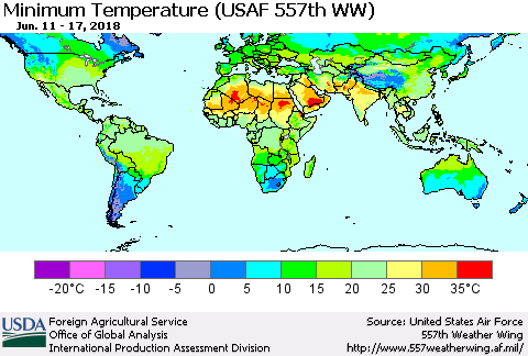 World Mean Minimum Temperature (USAF 557th WW) Thematic Map For 6/11/2018 - 6/17/2018