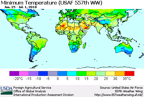 World Mean Minimum Temperature (USAF 557th WW) Thematic Map For 6/25/2018 - 7/1/2018