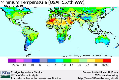 World Mean Minimum Temperature (USAF 557th WW) Thematic Map For 7/2/2018 - 7/8/2018