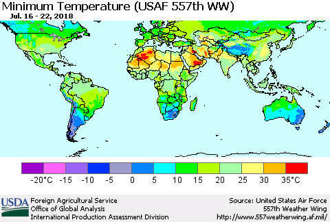 World Mean Minimum Temperature (USAF 557th WW) Thematic Map For 7/16/2018 - 7/22/2018