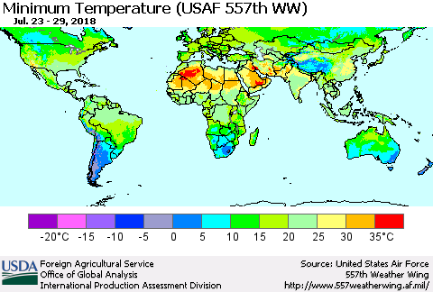 World Mean Minimum Temperature (USAF 557th WW) Thematic Map For 7/23/2018 - 7/29/2018