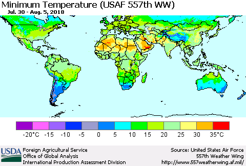 World Mean Minimum Temperature (USAF 557th WW) Thematic Map For 7/30/2018 - 8/5/2018