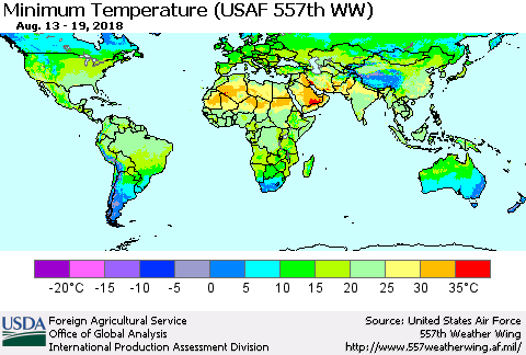 World Mean Minimum Temperature (USAF 557th WW) Thematic Map For 8/13/2018 - 8/19/2018