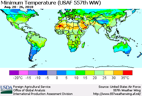 World Mean Minimum Temperature (USAF 557th WW) Thematic Map For 8/20/2018 - 8/26/2018
