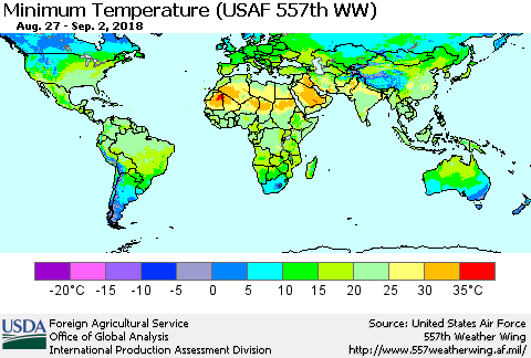 World Mean Minimum Temperature (USAF 557th WW) Thematic Map For 8/27/2018 - 9/2/2018