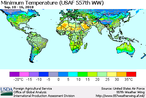 World Mean Minimum Temperature (USAF 557th WW) Thematic Map For 9/10/2018 - 9/16/2018