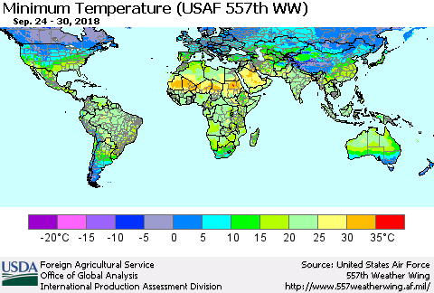 World Mean Minimum Temperature (USAF 557th WW) Thematic Map For 9/24/2018 - 9/30/2018