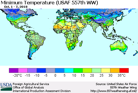 World Mean Minimum Temperature (USAF 557th WW) Thematic Map For 10/1/2018 - 10/7/2018