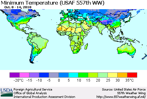 World Mean Minimum Temperature (USAF 557th WW) Thematic Map For 10/8/2018 - 10/14/2018