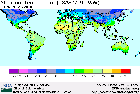 World Mean Minimum Temperature (USAF 557th WW) Thematic Map For 10/15/2018 - 10/21/2018