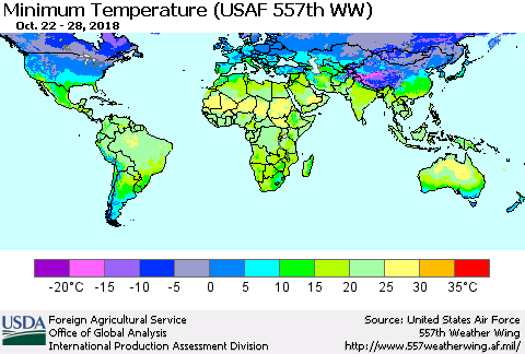 World Mean Minimum Temperature (USAF 557th WW) Thematic Map For 10/22/2018 - 10/28/2018