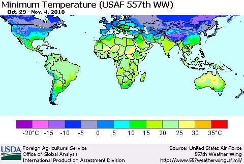 World Mean Minimum Temperature (USAF 557th WW) Thematic Map For 10/29/2018 - 11/4/2018
