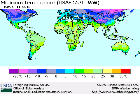 World Mean Minimum Temperature (USAF 557th WW) Thematic Map For 11/5/2018 - 11/11/2018