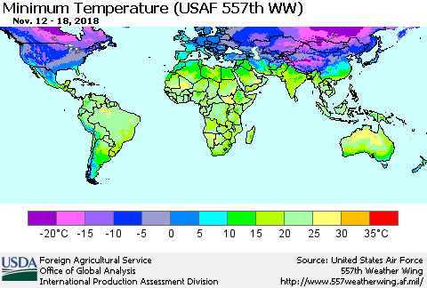 World Mean Minimum Temperature (USAF 557th WW) Thematic Map For 11/12/2018 - 11/18/2018