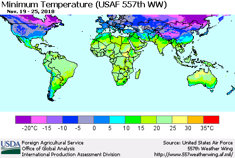 World Mean Minimum Temperature (USAF 557th WW) Thematic Map For 11/19/2018 - 11/25/2018
