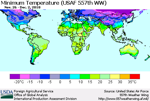 World Mean Minimum Temperature (USAF 557th WW) Thematic Map For 11/26/2018 - 12/2/2018