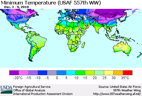 World Mean Minimum Temperature (USAF 557th WW) Thematic Map For 12/3/2018 - 12/9/2018
