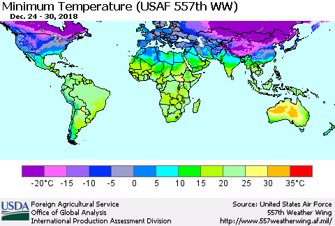 World Mean Minimum Temperature (USAF 557th WW) Thematic Map For 12/24/2018 - 12/30/2018
