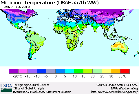 World Mean Minimum Temperature (USAF 557th WW) Thematic Map For 1/7/2019 - 1/13/2019