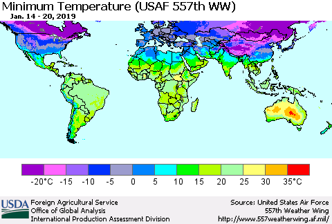 World Mean Minimum Temperature (USAF 557th WW) Thematic Map For 1/14/2019 - 1/20/2019