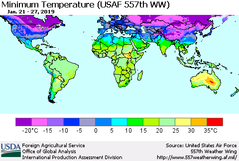 World Mean Minimum Temperature (USAF 557th WW) Thematic Map For 1/21/2019 - 1/27/2019