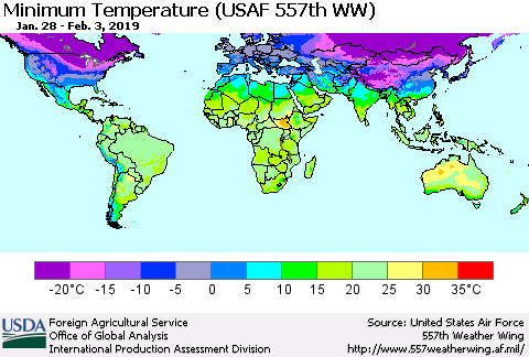 World Mean Minimum Temperature (USAF 557th WW) Thematic Map For 1/28/2019 - 2/3/2019