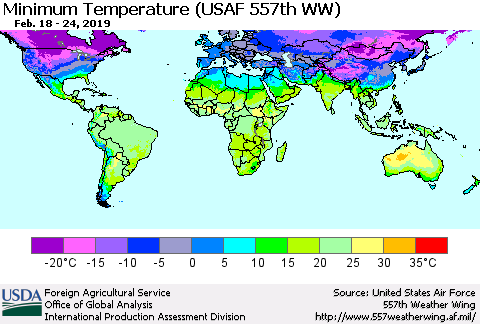 World Mean Minimum Temperature (USAF 557th WW) Thematic Map For 2/18/2019 - 2/24/2019