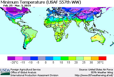 World Mean Minimum Temperature (USAF 557th WW) Thematic Map For 2/25/2019 - 3/3/2019
