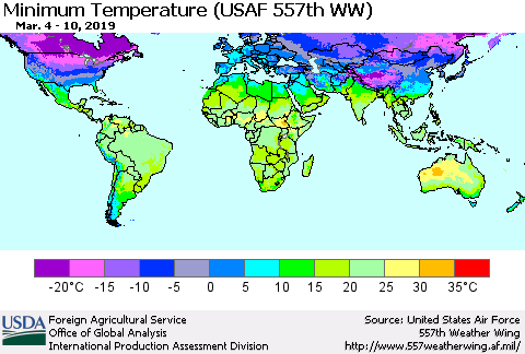 World Mean Minimum Temperature (USAF 557th WW) Thematic Map For 3/4/2019 - 3/10/2019
