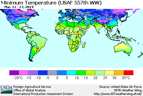 World Mean Minimum Temperature (USAF 557th WW) Thematic Map For 3/11/2019 - 3/17/2019