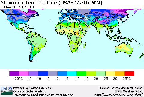 World Mean Minimum Temperature (USAF 557th WW) Thematic Map For 3/18/2019 - 3/24/2019