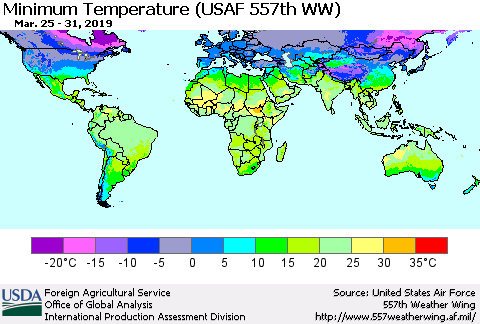 World Mean Minimum Temperature (USAF 557th WW) Thematic Map For 3/25/2019 - 3/31/2019