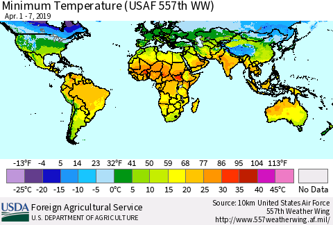 World Mean Minimum Temperature (USAF 557th WW) Thematic Map For 4/1/2019 - 4/7/2019