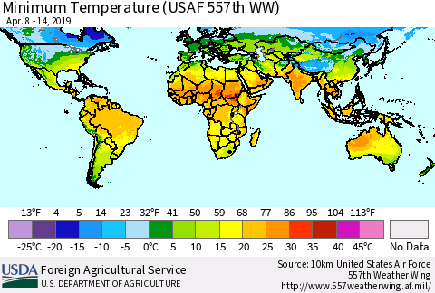 World Mean Minimum Temperature (USAF 557th WW) Thematic Map For 4/8/2019 - 4/14/2019