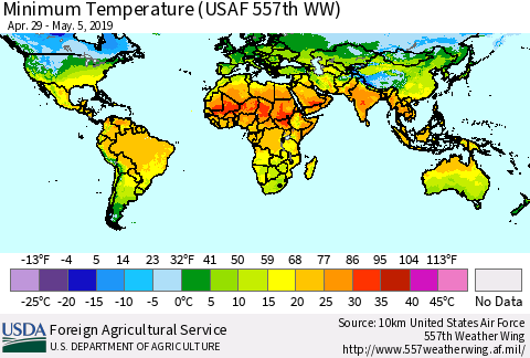 World Mean Minimum Temperature (USAF 557th WW) Thematic Map For 4/29/2019 - 5/5/2019