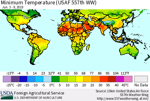 World Mean Minimum Temperature (USAF 557th WW) Thematic Map For 6/3/2019 - 6/9/2019