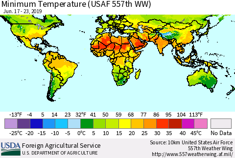 World Mean Minimum Temperature (USAF 557th WW) Thematic Map For 6/17/2019 - 6/23/2019