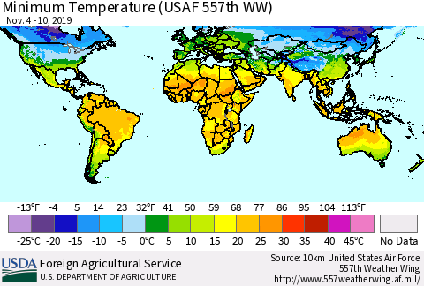 World Mean Minimum Temperature (USAF 557th WW) Thematic Map For 11/4/2019 - 11/10/2019